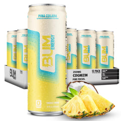 Bum Energy Pina Colada can front view highlighting clean energy and focus