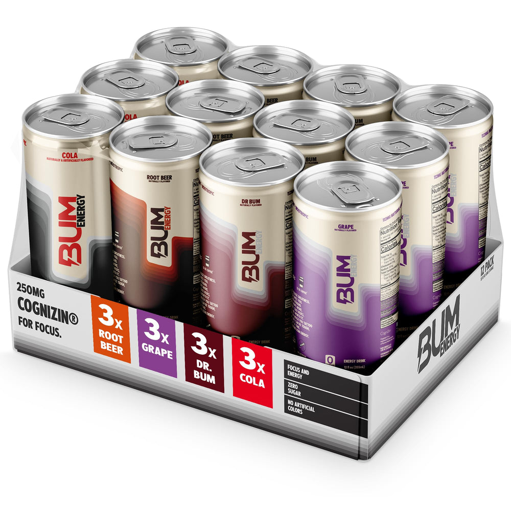 Bum Energy Root Beer can with clean energy and nostalgic flavor