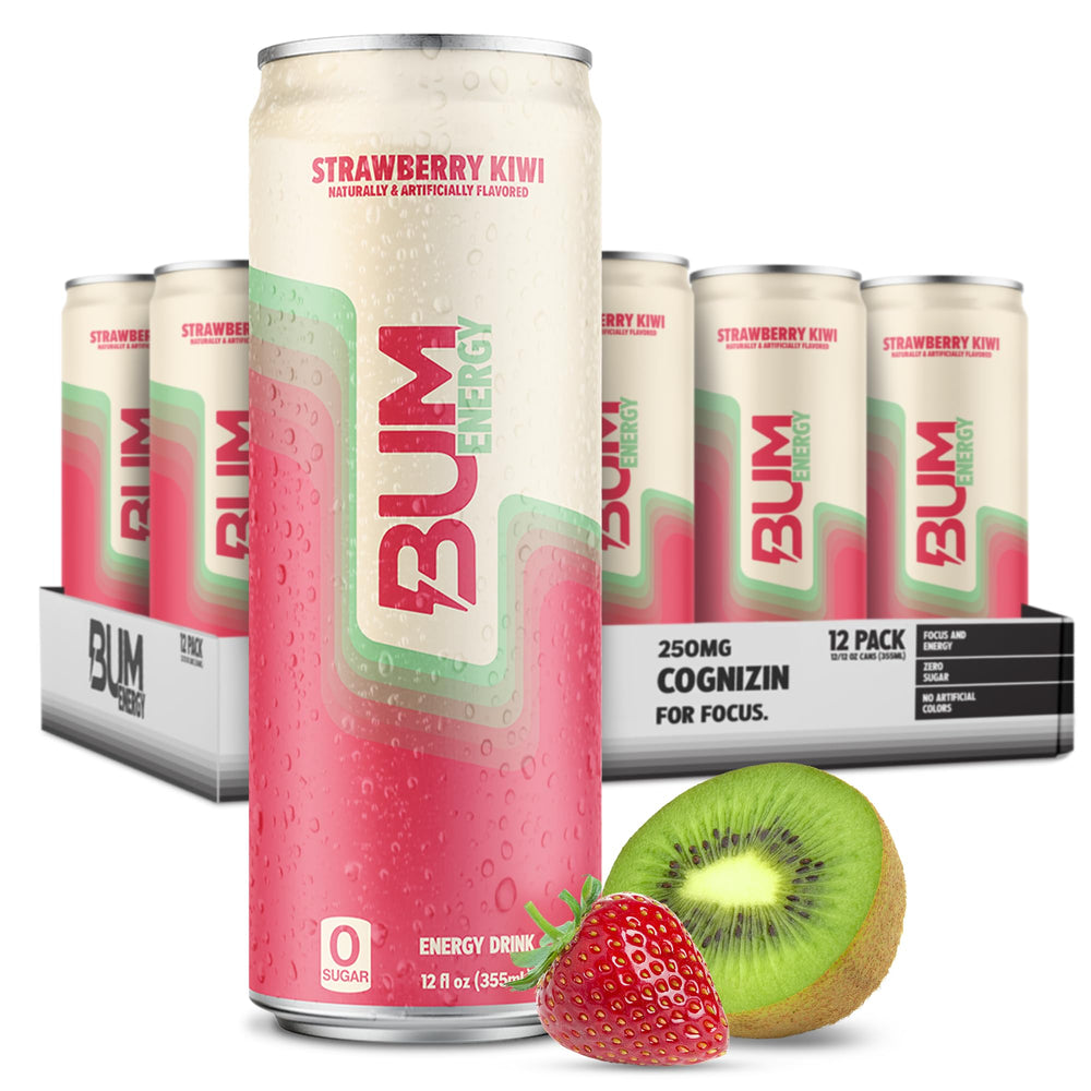 Bum Energy Strawberry Kiwi can for a crisp zero-sugar energy boost during workouts.