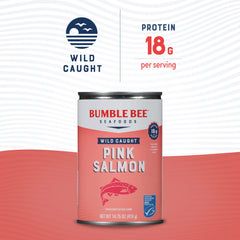 Bumble Bee pink salmon can label closeup: highlighting wild-caught quality.