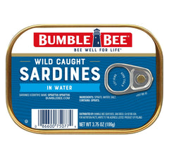 Bumble Bee Sardines in Water tin, protein-rich snack option.