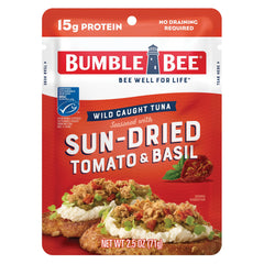 Bumble Bee sun-dried tomato and basil tuna pouch, ready-to-eat protein on the go.