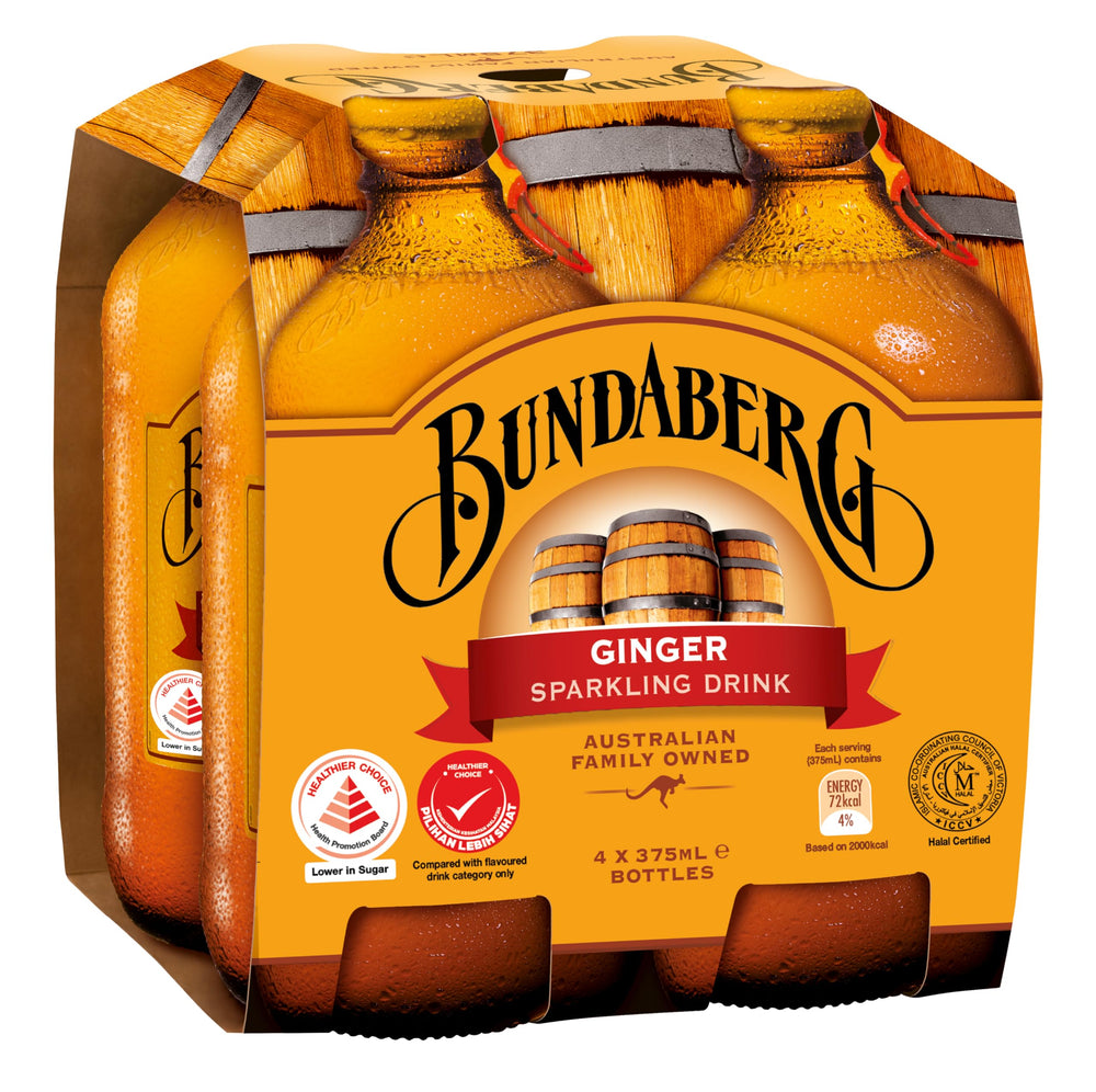 Bundaberg Ginger Beer classic bottle 4-pack, ideal for sharing with friends.