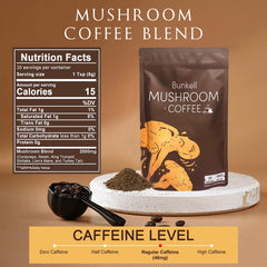 Bunkell Mushroom Coffee bottle close-up highlights premium blend for daily energy