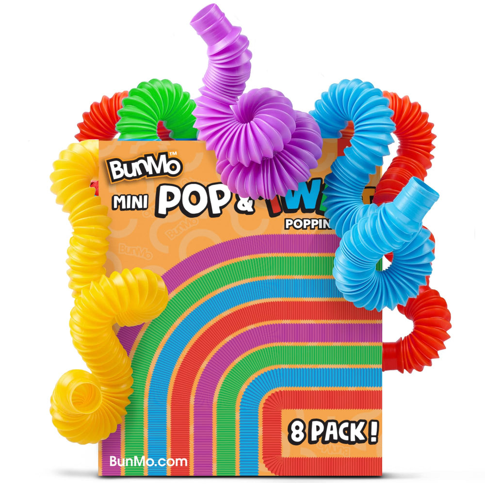 BUNMO Pop Tubes eight-pack in pastel colors for Easter baskets, supporting sensory play.