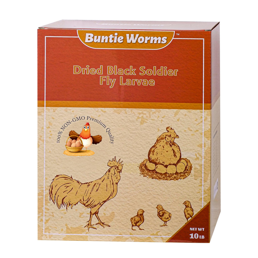 BUNTIE WORMS dried BSF larvae in a 10 lb pack, a calcium rich poultry snack.