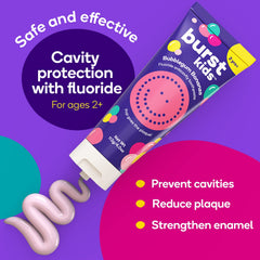 Burst Bubblegum Bonanza kids brushing scene demonstrates a gentle paste for children.
