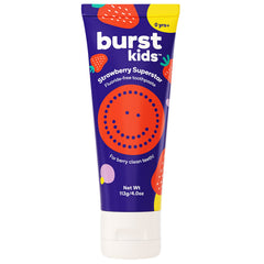 Burst Kids Toothpaste strawberry tube highlights berry flavor for gentle brushing