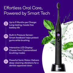 Burst Pro Sonic toothbrush black LED display highlights five modes and brushing timer.