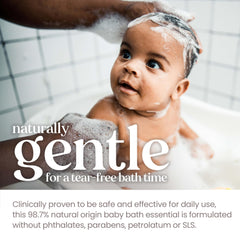 Clear tear-free foaming lather demonstrated in bath scene.