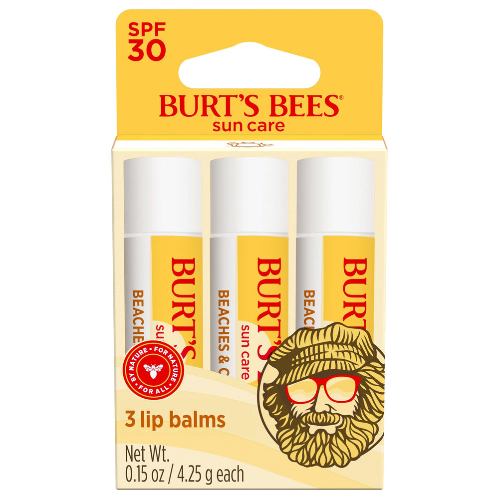 Burt's Bees Beaches and Cream SPF 30 lip balm tube close-up for nourishing lip care.