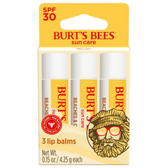 Burt's Bees Beaches and Cream SPF 30 lip balm tube close-up for nourishing lip care.