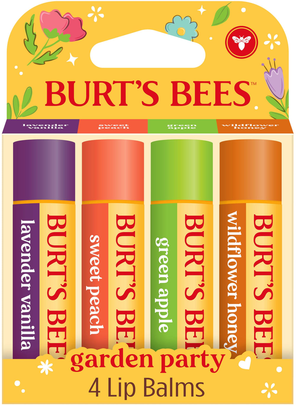 Burt's Bees Garden Party Lavender Vanilla lip balm tube provides lasting moisture.