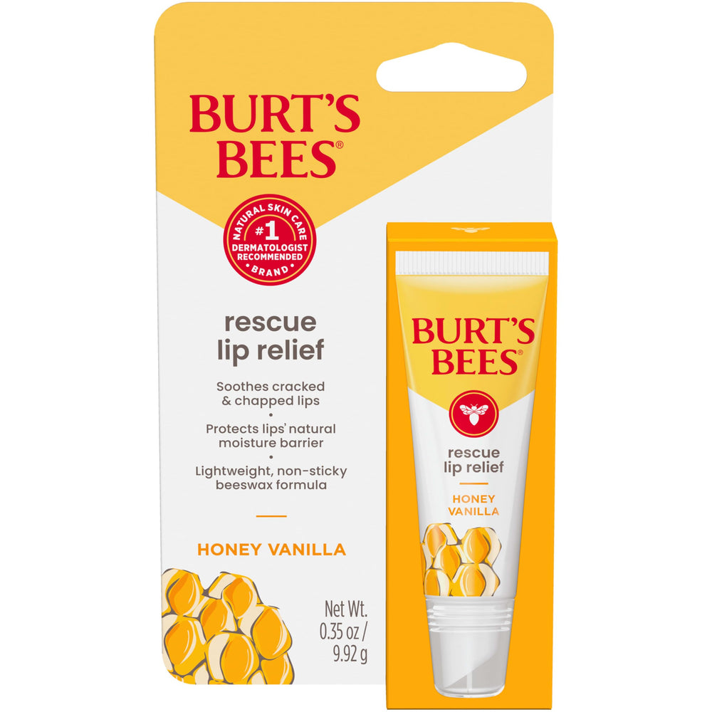Burt's Bees Honey Vanilla Rescue Lip Relief tube ready for dry lips