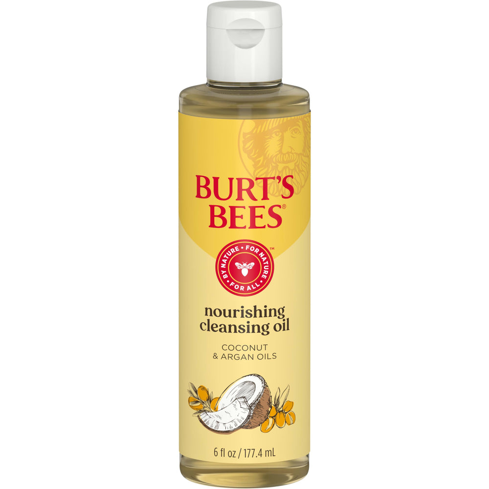 Burt's Bees Nourishing Cleansing Oil bottle close-up highlighting its hydrating formula.