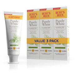 Burt's Bees Purely White Zen Peppermint pack front view with three fluoride-free tubes