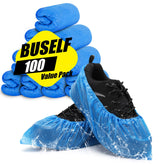 Buself shoe covers front view of 100-pack for indoor protection and cleanliness.
