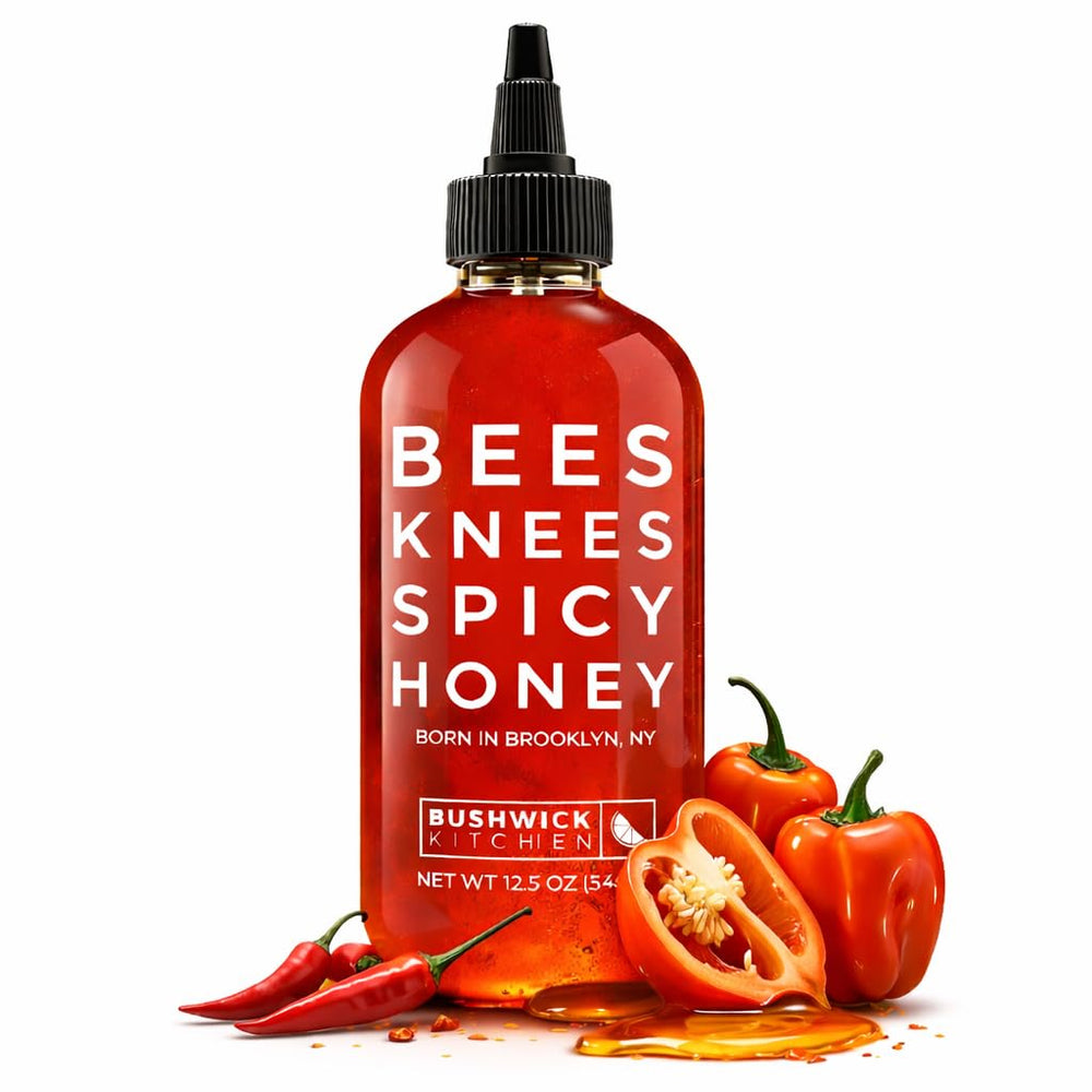 Bushwick Kitchen Bees Knees Spicy Honey bottle pour highlights bold sweetness with habanero heat.