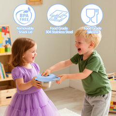 BUSOHA stainless steel snack cups with durable handles support kids' independence.