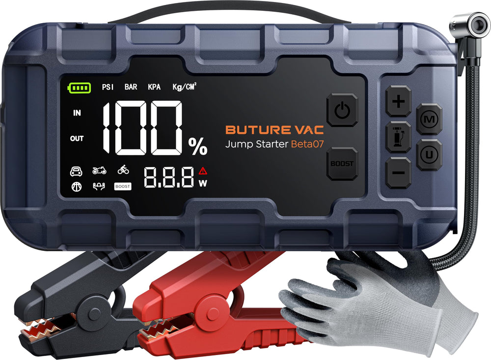 BuTure VAC 10-in-1 jump starter with air compressor in action for roadside emergencies.