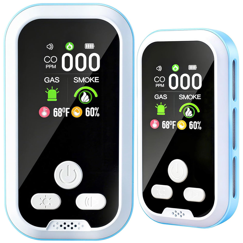 Buwheekoki 6-in-1 detector front view with LCD display showing CO and gas readings for home safety.