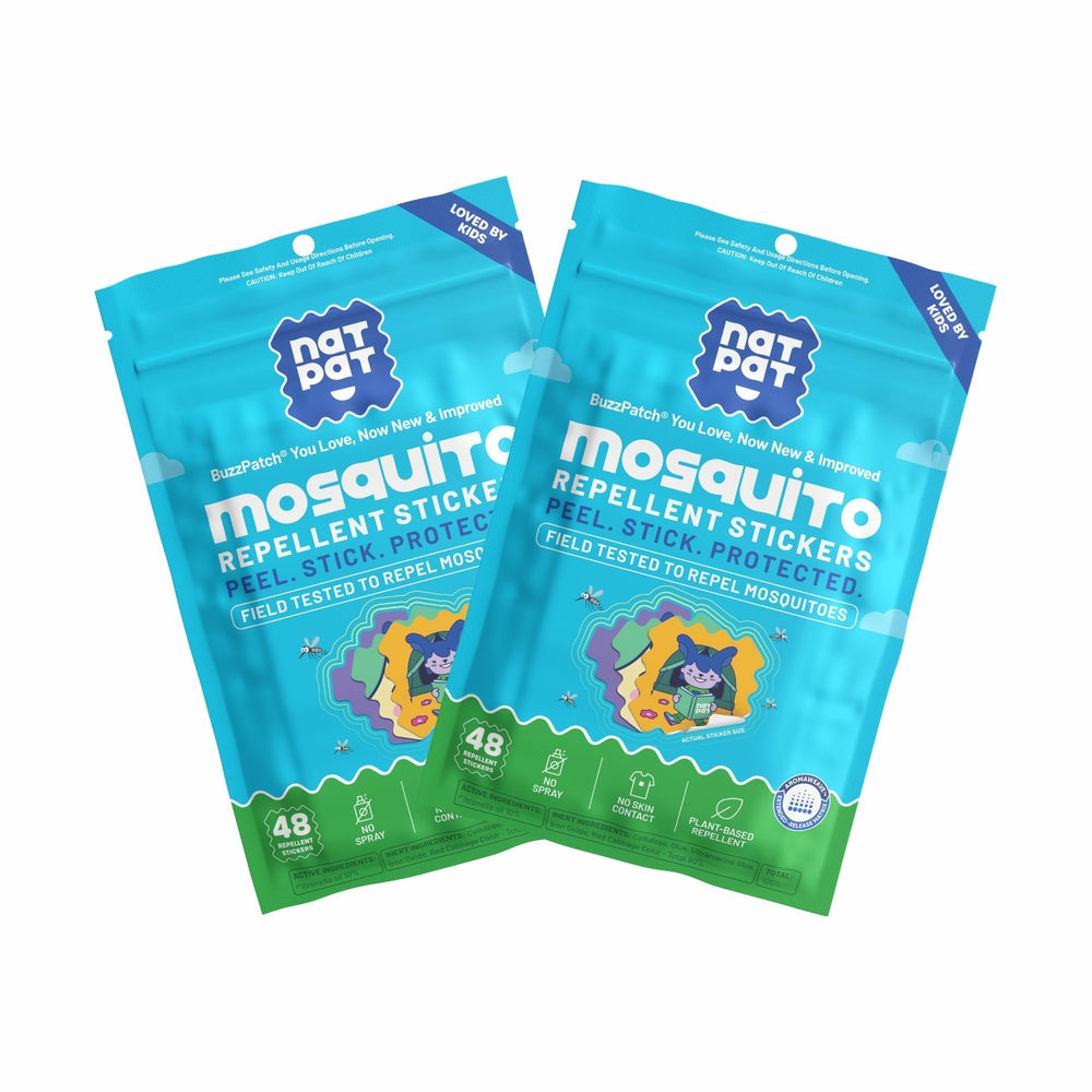 BuzzPatch mosquito patch packaging shows kid-friendly design and plant-based, non-toxic ingredients for parents.