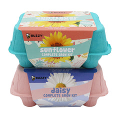 BUZZY Seeds Flower Starter Kit packaging with colorful egg cartons for eco-friendly gifting.