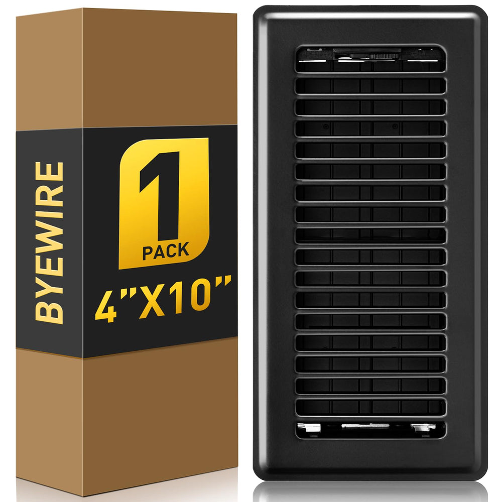 BYEWIRE 4x10 floor register front view; durable black steel vent cover supports reliable airflow