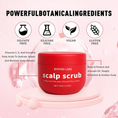 BYKYND LABS Avocado Oil Scalp Scrub bottle showcased for gentle scalp exfoliation