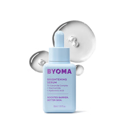 BYOMA Brightening Serum bottle shown with premium packaging for daily use