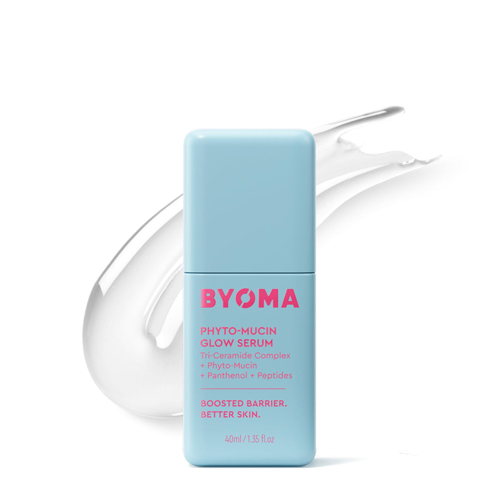 BYOMA Phyto-Mucin Glow Serum bottle with pump showing hydration-ready primer benefits