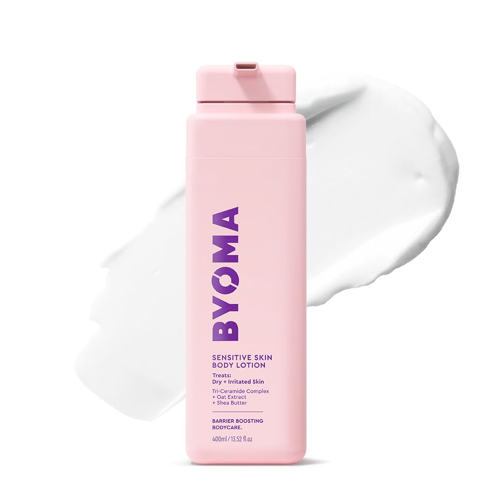 Byoma Sensitive Body Lotion bottle shows fragrance-free formula for dry skin.