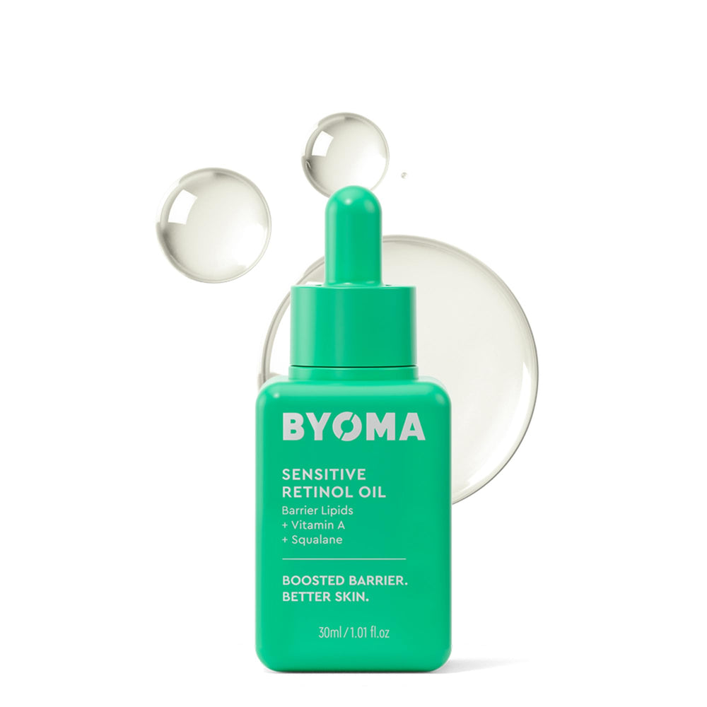 BYOMA Sensitive Retinol Oil bottle demonstrates gentle, barrier-friendly daily use.