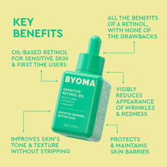 BYOMA Sensitive Retinol Oil texture on skin shows light, fast-absorbing finish.