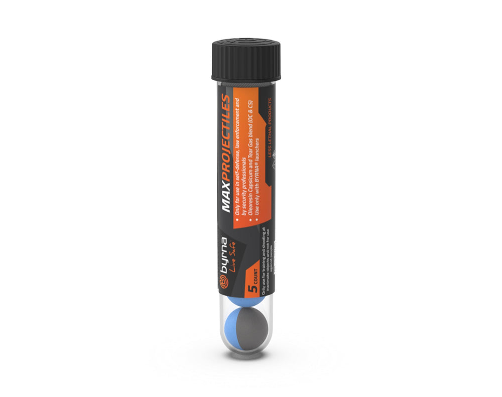 Byrna MAX OC/CS blend projectiles in a five pack for non lethal self defense scenarios