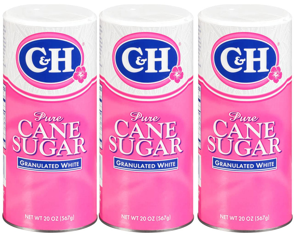C&H Granulated Sugar 20oz canister front view with easy-pour design for mess-free sweetening.