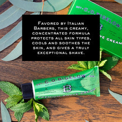 C.O. Bigelow shaving cream demonstrates easy razor glide.