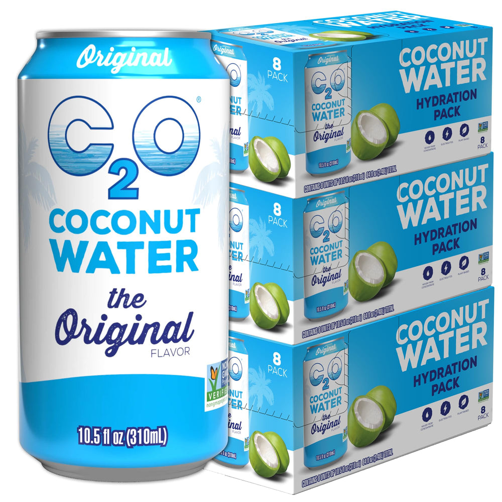 C2O Original Flavor 24-pack on display, real coconut water with natural electrolytes.