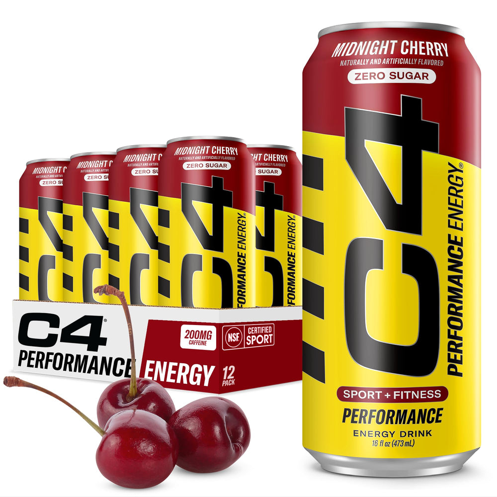 C4 Midnight Cherry energy drink can front view showing zero sugar formula