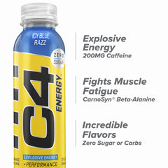 C4 Energy Icy Blue Razz label close-up emphasizes CarnoSyn Beta-Alanine.
