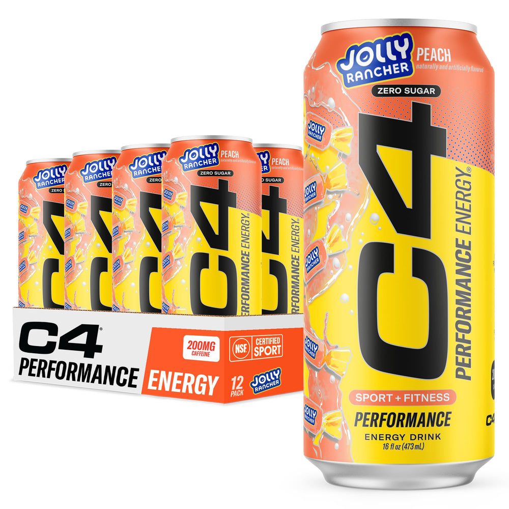 C4 Energy Jolly Rancher Peach can for a bold pre-workout boost and fruity flavor.