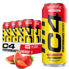 C4 Energy Strawberry Watermelon Ice can showcasing bold flavor and zero sugar option.