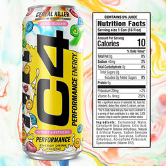 Close-up of C4 Energy Cereal Killer can label showing 200 mg caffeine for a quick boost.