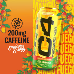 Sideview of C4 Mango Fuego can showing vibrant mango aroma and refreshing fizz.