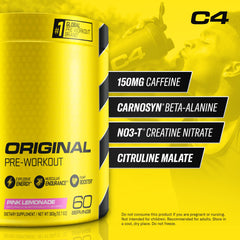 C4 Original Pink Lemonade powder being dispensed for instant pre-workout energy