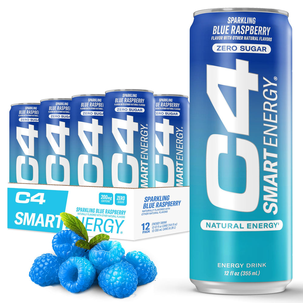C4 Smart Energy blue raspberry can showing a sugar-free energy boost and focus