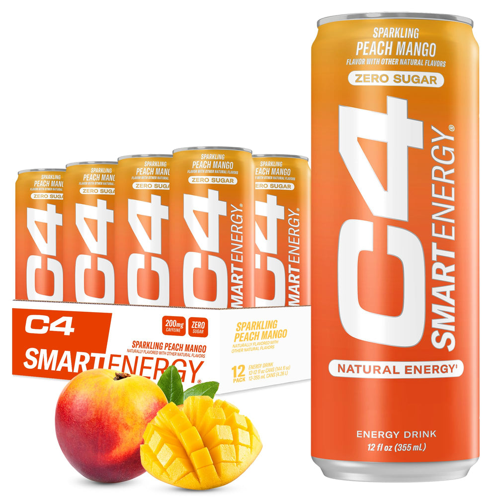 C4 Smart Energy can with Peach Mango Nectar, sugar-free refreshment for focus and daily energy.