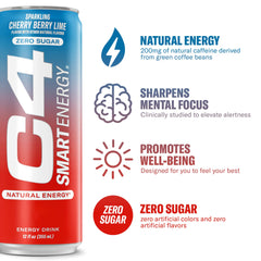 C4 Smart Energy Cherry Berry Lime angled can highlighting convenient on-the-go energy.
