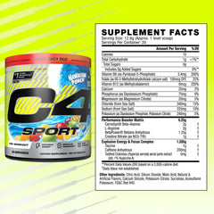 C4 Sport canister label with flavor, ingredients, and NSF certification details.