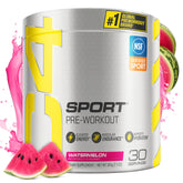 C4 Sport Watermelon powder tub shows NSF certification and label details for athletes.
